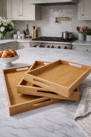 Makri Home 3'lü Dikdörtgen Bambu Tepsi Seti, Büyük: 29 X 41 Cm, Orta: 26 X 37 Cm, Küçük: 23 X 33 Cm Sarı