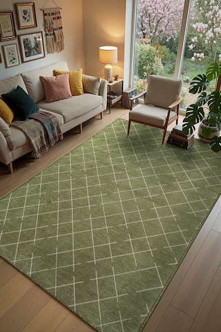 Malta Mlt01y Yeşil Dekoratif Şönil Kilim Geometrik Desen Yıkanabilir Yumuşak Kaymaz Taban Halı Yesıl