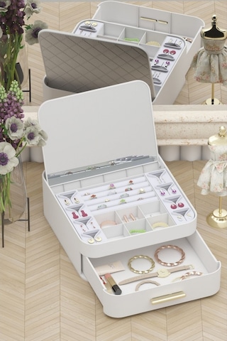 Piev House By House Çekmeceli Aynalı Ve Üç Katlı Çekmeceli Takı Kozmetik Organizer İkili Set Krem