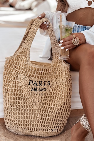 Çift Kalın Askılı Paris Milano Astırlı Fermuarlı İç Cepli Yazlık Tatil Plaj Büyük Boy Hasır Çanta Camel