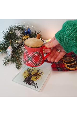 Decorita Cam Bardak Altlığı Mutlu Yıllar Geyik 4'lü Takım 10 x 10 CM Çok Renkli