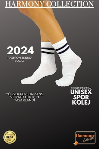 Harmony Collectıon Spor Tenis 4 Çift Kolej Çizgili Çorap Beyaz Dikişsiz Premıum Socks