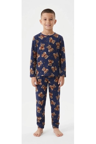 Biçomi Hassas Ciltlere Özel Nefes Alan Pamuk Penye Ayıcık Baskılı Çocuk Pijama Takımı 6-14 Yaş Lacivert