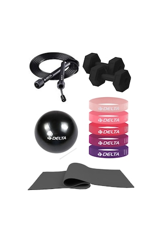 Pilates Egzersiz Seti 6 Mm Mat 5 Li Lateks Direnç Bandı 20 Cm Top Atlama İpi 1 Kg X2 Dambıl Siyah
