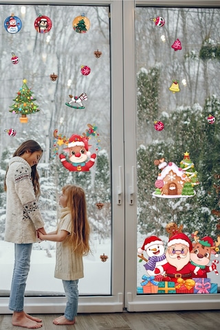 Yılbaşı Sticker Noel Baba Geyik Kardan Adam Ve Işıklı Noel Süsleri Pencere Sticker