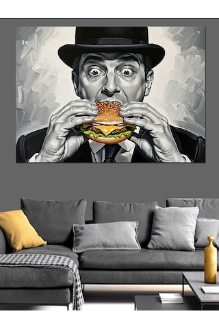 Ahşap Tablo Hamburger Yiyen Karizmatik Modern Adam