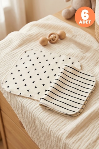 Just Inner Kız Bebek 6'lı Pamuklu Ağız Mendili Kalpli Çizgili Kutulu Set Nefes Alan Doku 684204 Krem