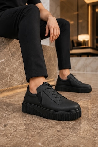 Mevese Dlob Erkek Bağcıklı Cilt Günlük Casual Spor Sneaker Ayakkabı - Siyah
