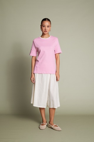 Pamuklu Kısa Kollu Kontrast Bisiklet Yaka T-shirt Pembe