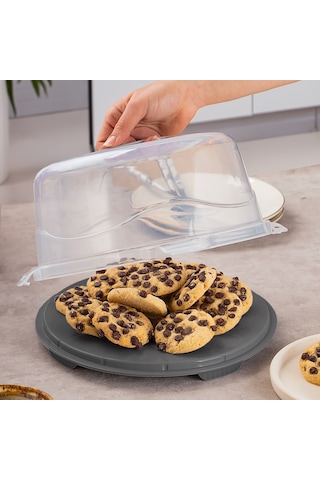 Porsima 1091 Yuvarlak Kek Pasta Fanusu Saklama Kabı 25 CM Antrasit