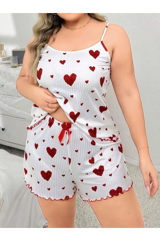 Senoramoda Büyük Beden Kalp Desen Pamuklu Şortlu Pijama Takımı Beyaz