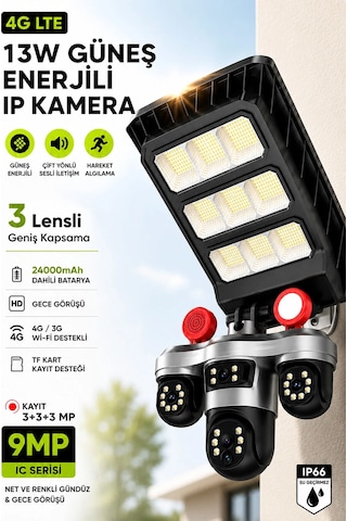 Exenar - Siyah - Sim Kartlı Güneş Enerjili Kamera Ve Led Projektör 13w 3 Lens Dış Mekan Güvenlik Kamerası Blm102