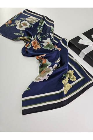 Miorel Scarfs Yeni Sezon Çiçek Desen Vual İpek Şal Fular Silk Scarfs Shawl Hijab Lacivert