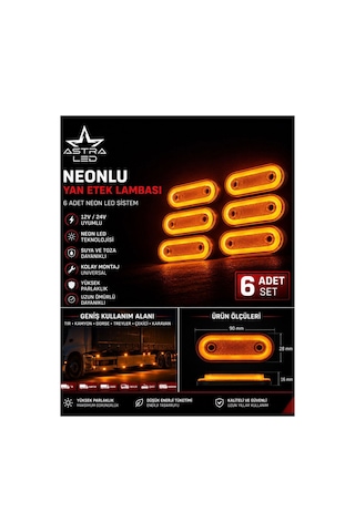 6 Adet Neon Led Yan Etek Lambası 12v/24v Turuncu Pozisyon Lambası Tır Kamyon Dorse Treyler Universal