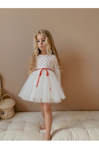 Linola Baby Kids Love - Ekru Kalpli Uzun Kollu Tütü Etekli Elbise Ekru