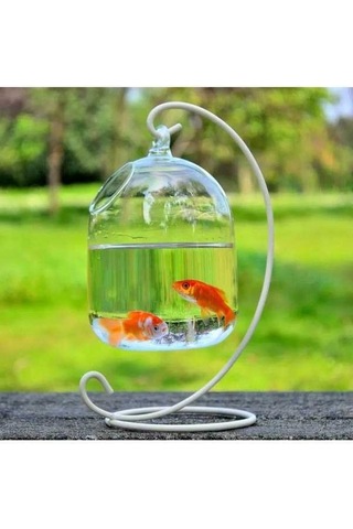 Fortunelane El Yapan Askı Tipi Cam Akvaryum - Beyaz Ayaklı, 15cm Yükseklik, Transparan Borosilikat Cam, Evcil Hayvanlık, Ev Dekor