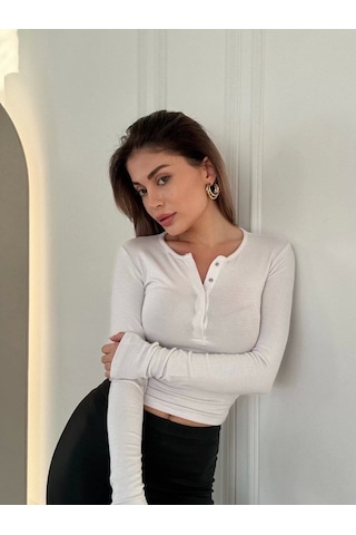 Cıt Cıt Detaylı Uzun Kollu Crop - Beyaz Beyaz