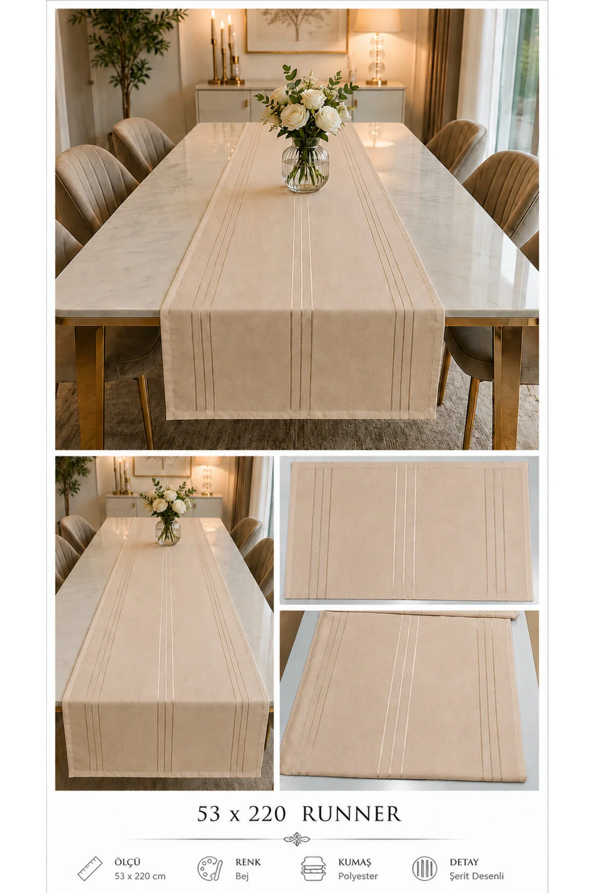 %100 Polyester Dertsiz Leke Tutmaz Şerit Desenli Runner Masa Örtüsü 53x200 Cm Bej