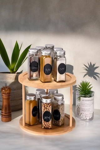 360 Dönen Bambu 2 Katlı Baharatlık Düzenleyici , Sunumluk, Organizer, Katlı Stant Diğer