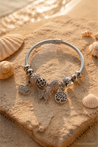 Stainless Steel Charm Taşlı Çelik Bileklik Gümüş