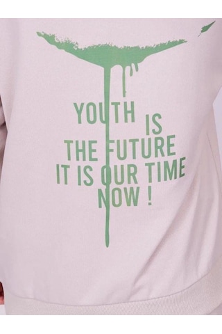 Çocuk 2 İplik Kumaş Pamuklu Sırtı Yazı Detaylı Kapüşonlu Tasarım Sweatshirt-13541 Bej