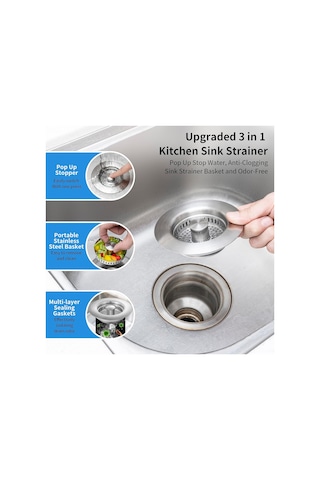 Teltree Stainless Steel Mutfak Lavabo Su Atım Filtresi: 3'lü Fonksiyonlu Su Saklama, Filtreleme, Koku Önleme Tıklama Açık/kapalı Tasarım