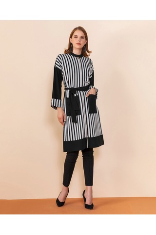 Serpil Exclusive Çizgili Modern Tunik Şık Ve Zarif Tasarım Siyah-ekru
