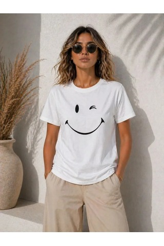 Efnaz Style Minimal Gülümseyen Yüz Baskılı Tişört Kısa Kol Yazlık T-shirt - Beyaz