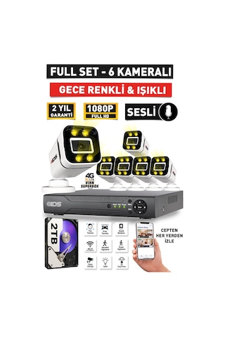 Sesli - 6 Kameralı Fullhd Gece Renkli Ve Işıklı Güvenlik Kamerası - Kamera Seti 2tb Disk