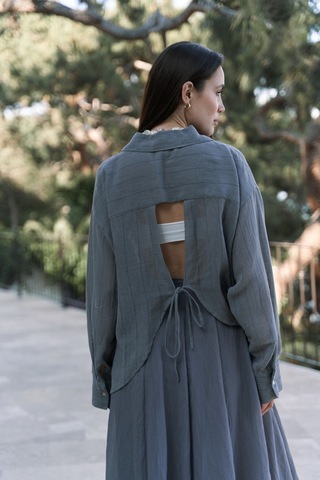 Calynn Sırt Dekolteli Çizgili Füme Keten Gömlek Füme