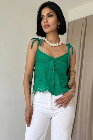 Defymoda Yeşil Bağcıklı Brode Bluz Yeşil
