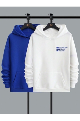 2'li Still Freedom Kalın Kışlık Sweatshirt - Beyaz Sax Mavi Baskılı Oversize Kapüşonlu Beyaz Sax Mavi