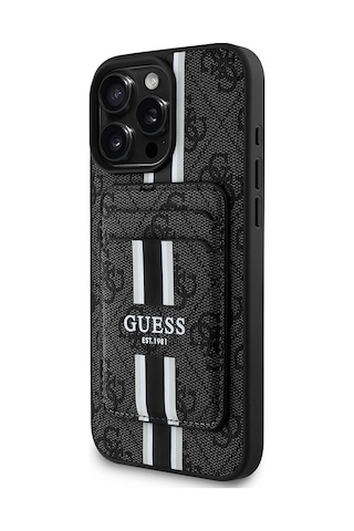Apple Uyumlu iPhone 16 Pro Max Kılıf Guess Lisanslı Magsafe Özellikli 4g Desenli Çizgili Kartlıklı Siyah