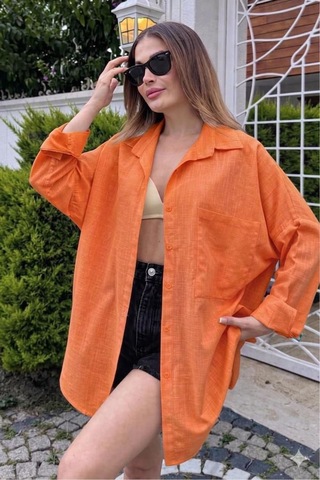 Rouge Basıc Oversize Keten Dokulu %100 Pamuk Salaş Gömlek Turuncu