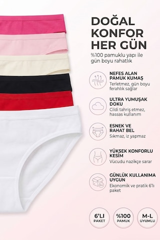 Hepsine Rakip 6lı Kadın Bikini Külot Pamuklu Renkli İç Çamaşırı Nefes Alan Doku Çok Renkli