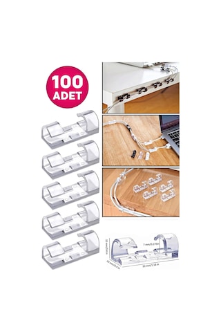 Tilbe Home Yapışkanlı Kablo Sabitleyici Düzenleyici Duvar Klipsi 100'lü Şeffaf