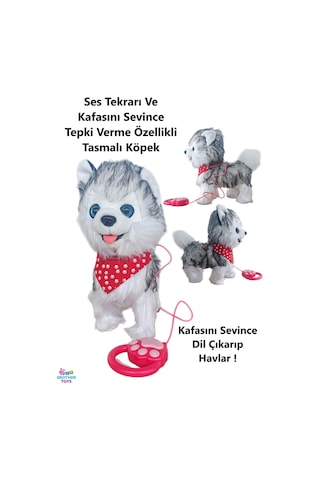 Ses Tekrarlayan Kafasını Sevince Tepki Veren Yürüyen Havlayan Tasmalı Kuyruğunu Sallayan Oyuncak Kedi Köpek 25 Cm. Kurt Köpeği