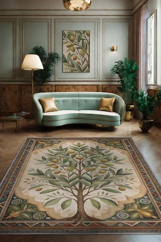 Homshtag Art Deco Zeytin Ağacı Halısı Bitki Temalı Soft Yeşil Renk Etnik Dijital Baskı Çiçekli Halı Çok Renkli