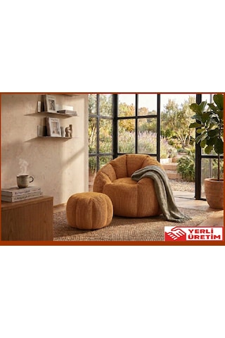 Herev Puf/ Tekli Puf Berjer / Baba Koltuğu / Papatya Modelli Kadife Kumaşlı Puf Takımı Hardal