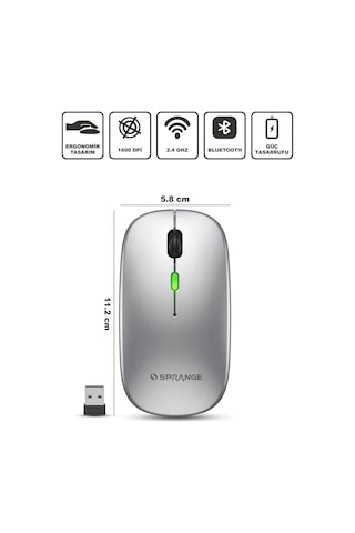 Sprange Sr-m1 Bataryalı Wireless Type-c Şarjlı Kablosuz Mouse Mouse Akt00847 Gümüş