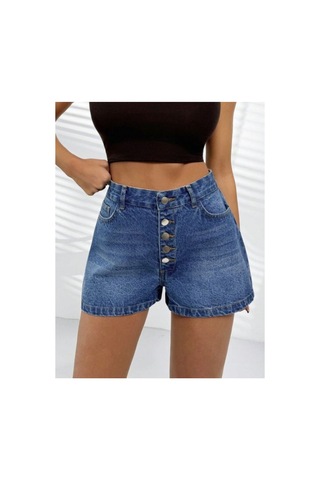 Kene Jeans Patlet Düğmeli Mavi İşlemli Kot Şort Mavi İşlemli