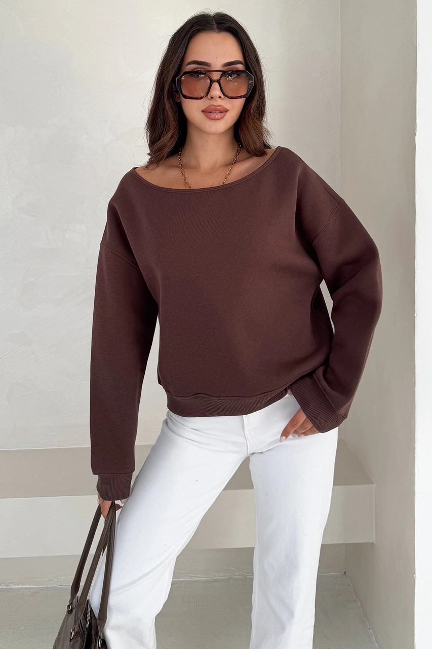 Noa & Noa Kadın Omuz Detaylı Polar Sweatshirt Rahat & Feminen Stil Kahverengi