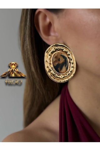 Gold Plaka Oval Taşlı Küpe Çok Renkli