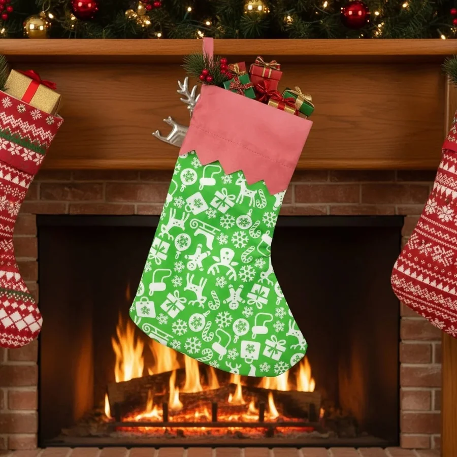 Yılbaşı Hediye Çorabı Figürlü Noel Ağacı Ve Şömine Süsü 35 Cm 35cmx25cm