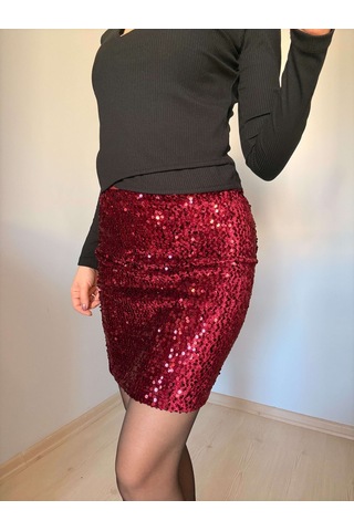 Ali Butik Bordo Kadife Payetli Mini Etek Bordo