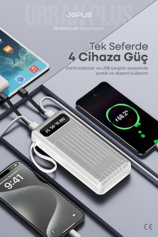Jopus 20000mah Powerbank Dahili Kablolu, Lcd Ekranlı, Led Lambalı, Taşınabilir Şarj Cihazı Beyaz