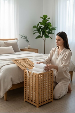 Bambu Çamaşırlık - Kirli Çamaşır Sepeti 45x45x62 Cm. Açık Kahverengi