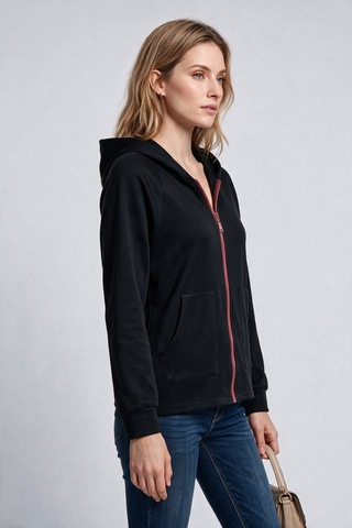 On Kadın Kapüşonlu Tam Fermuarlı Reglan Kol Cepli Sweatshirt Siyah