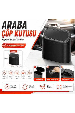 Araba Çöp Kutusu Kapaklı Siyah Araç İçi Pratik Ve Kompakt Çöp Kovası 1