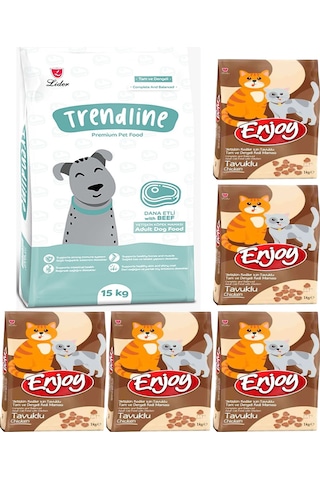 Trendline Dog Biftekli Köpek Maması 15 KG ve  Enjoy Tavuk Etli Yetişkin Kedi Maması 5 x 1 KG